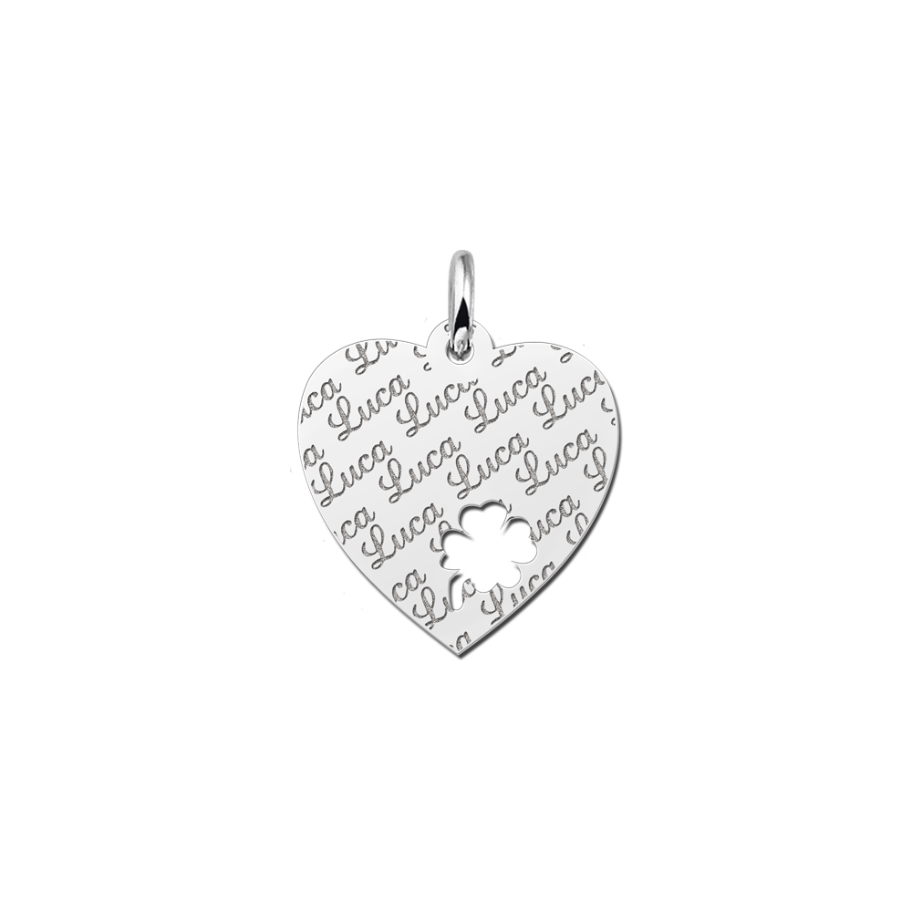 Silver heart nametag repeat engraving 4leafclover