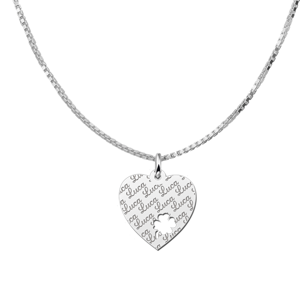 Silver heart nametag repeat engraving 4leafclover