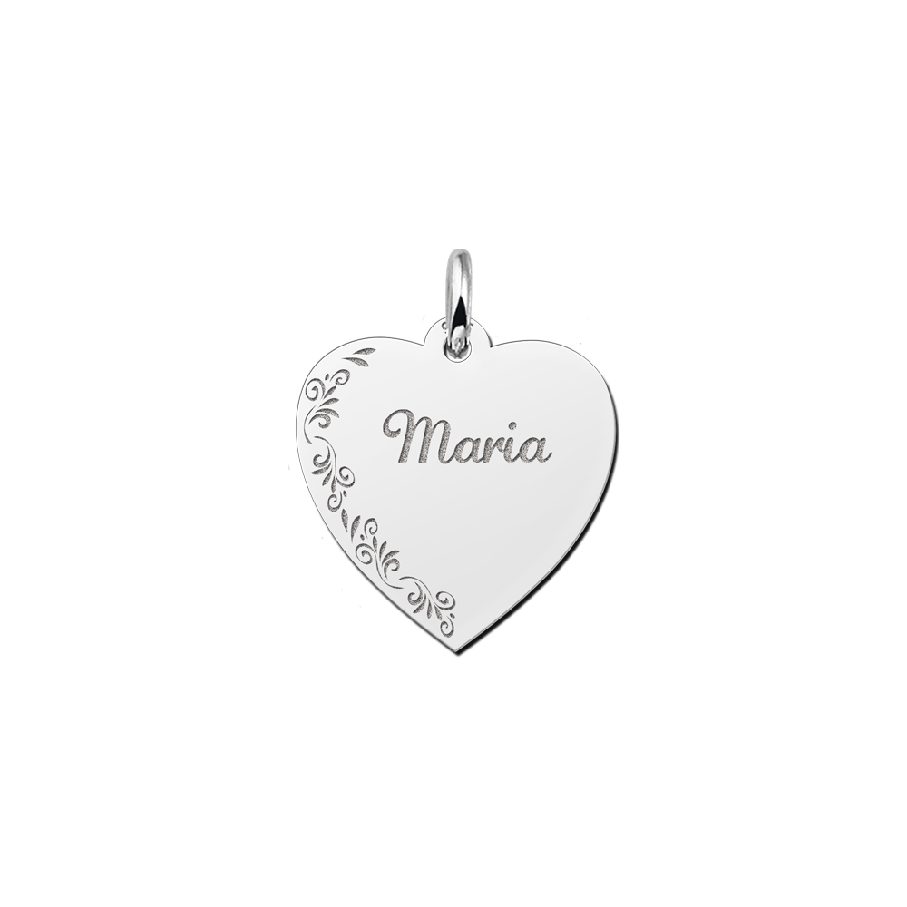 Silver engraved heart nametag flower design
