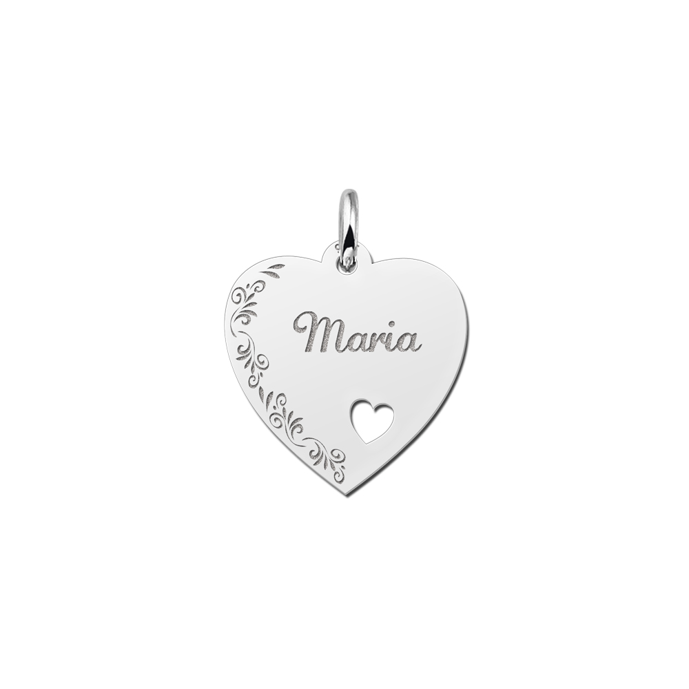 Silver engraved heart nametag flower design heart