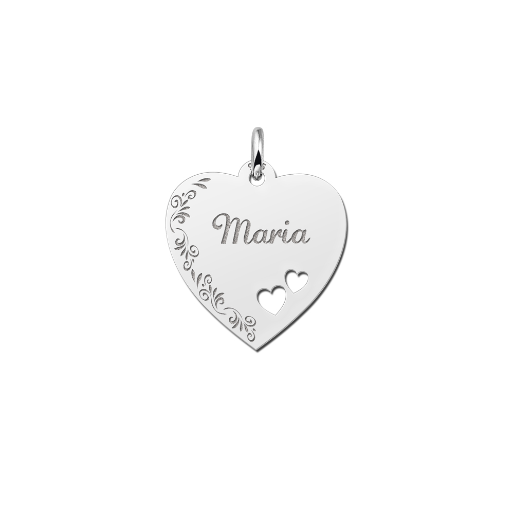 Silver engraved heart nametag flower design hearts
