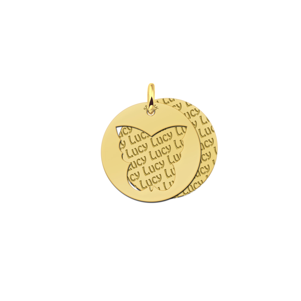 Golden name pendant round butterfly 2-pieces