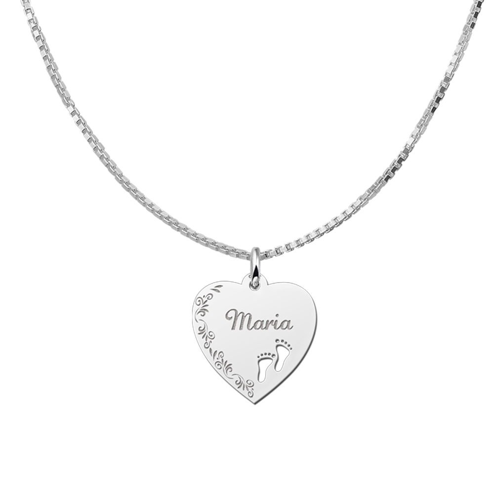 Silver engraved heart nametag flower design feet