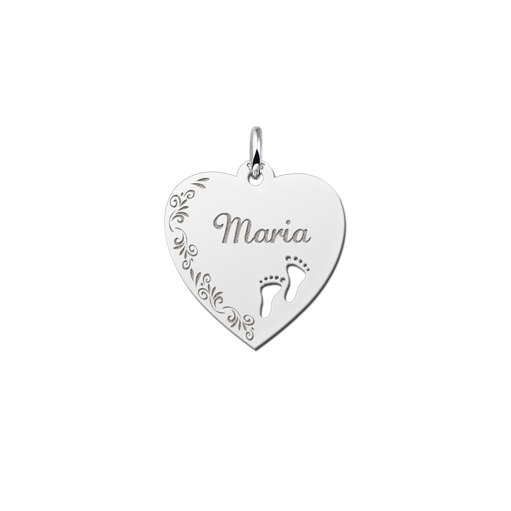 Silver engraved heart nametag flower design feet