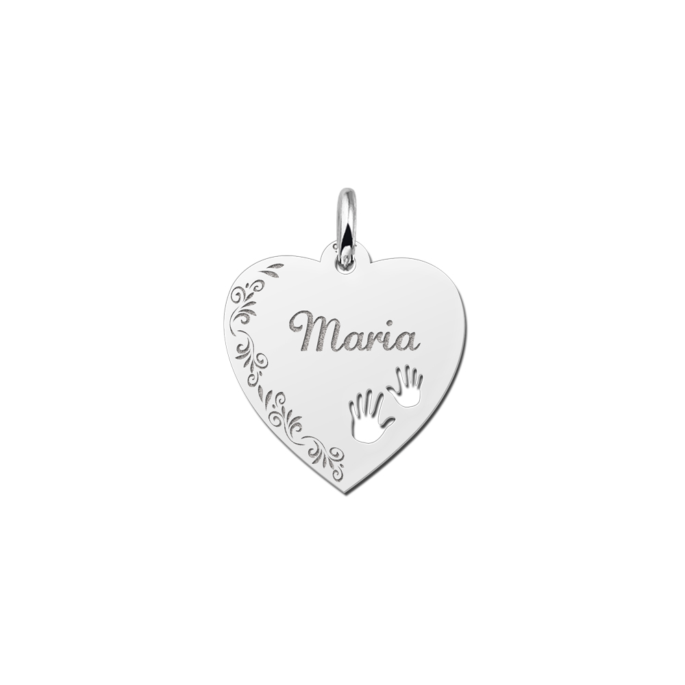Silver engraved heart nametag flower design hands