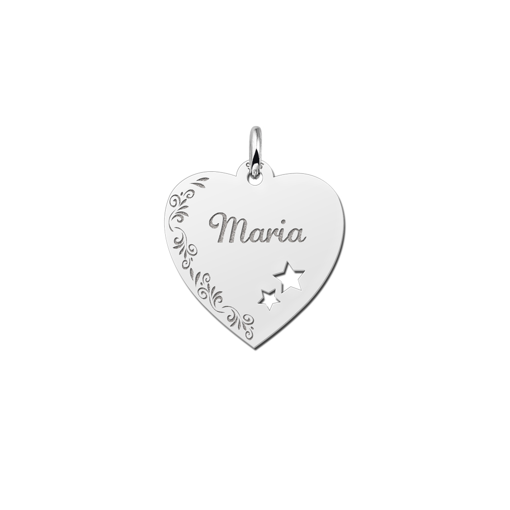 Silver engraved heart nametag flower design stars