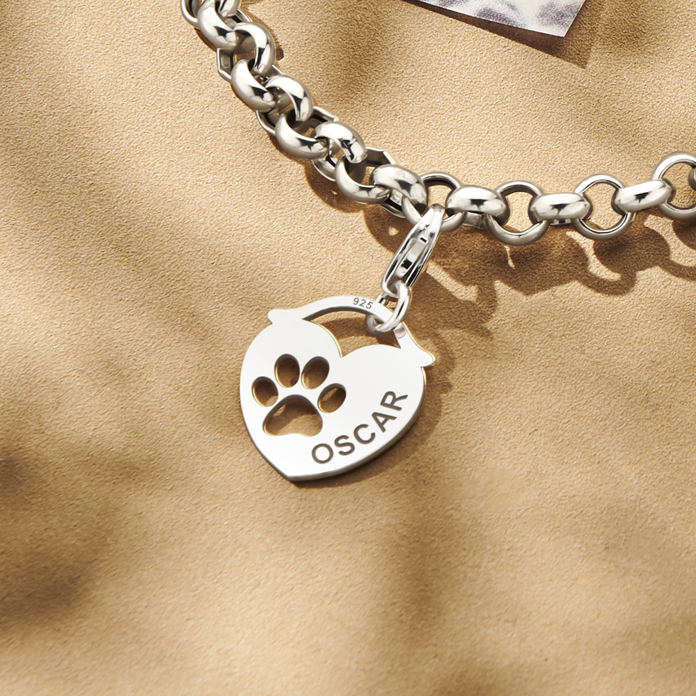 Sterling silver pet name charm with paw print and engraving
