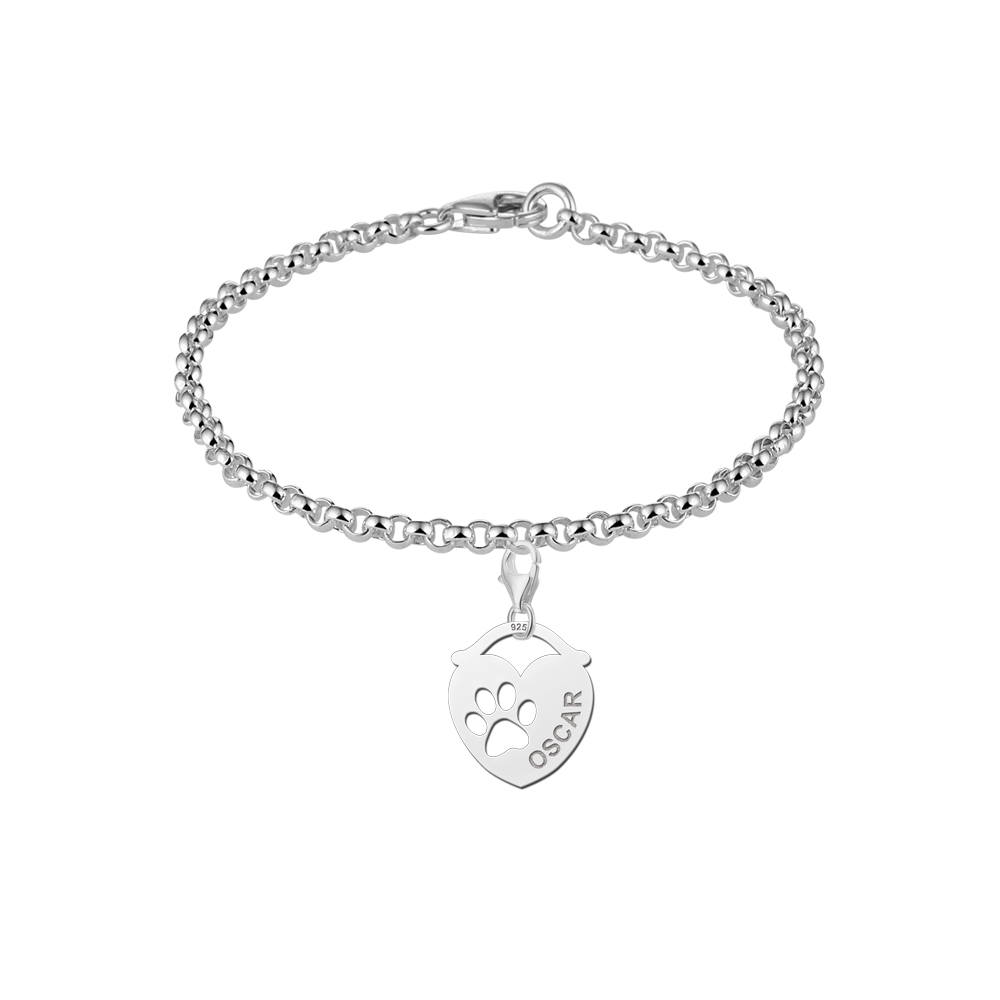 Sterling silver pet name charm with paw print and engraving