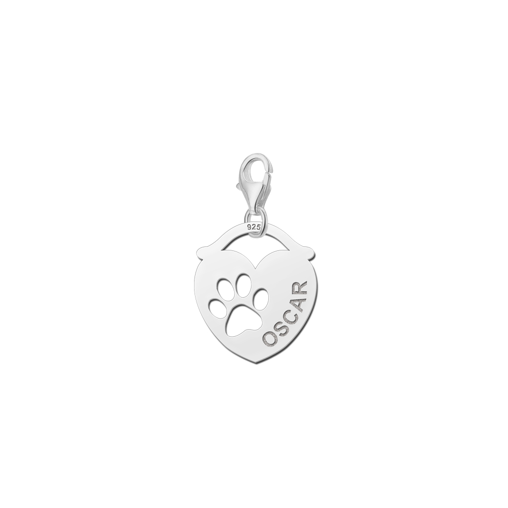 Sterling silver pet name charm with paw print and engraving