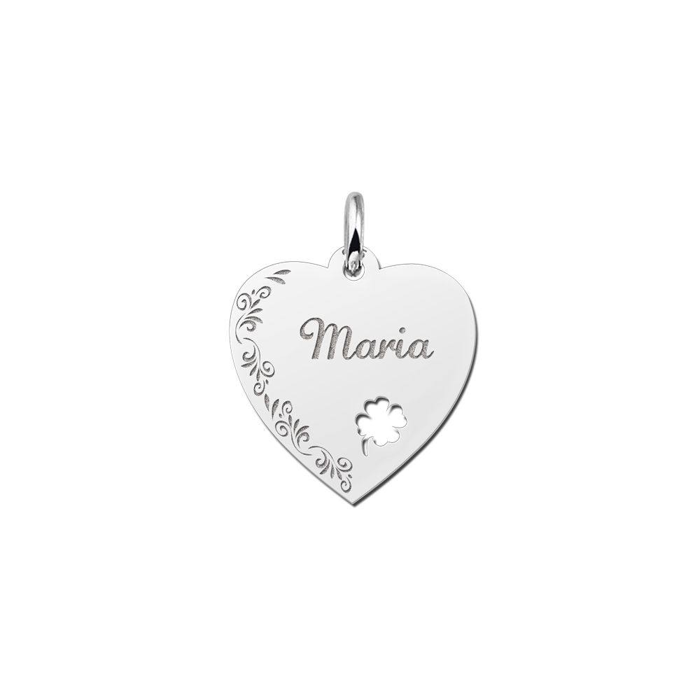 Silver engraved heart nametag flower design 4leafclover