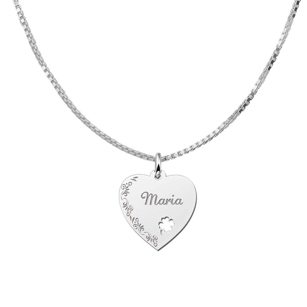 Silver engraved heart nametag flower design 4leafclover