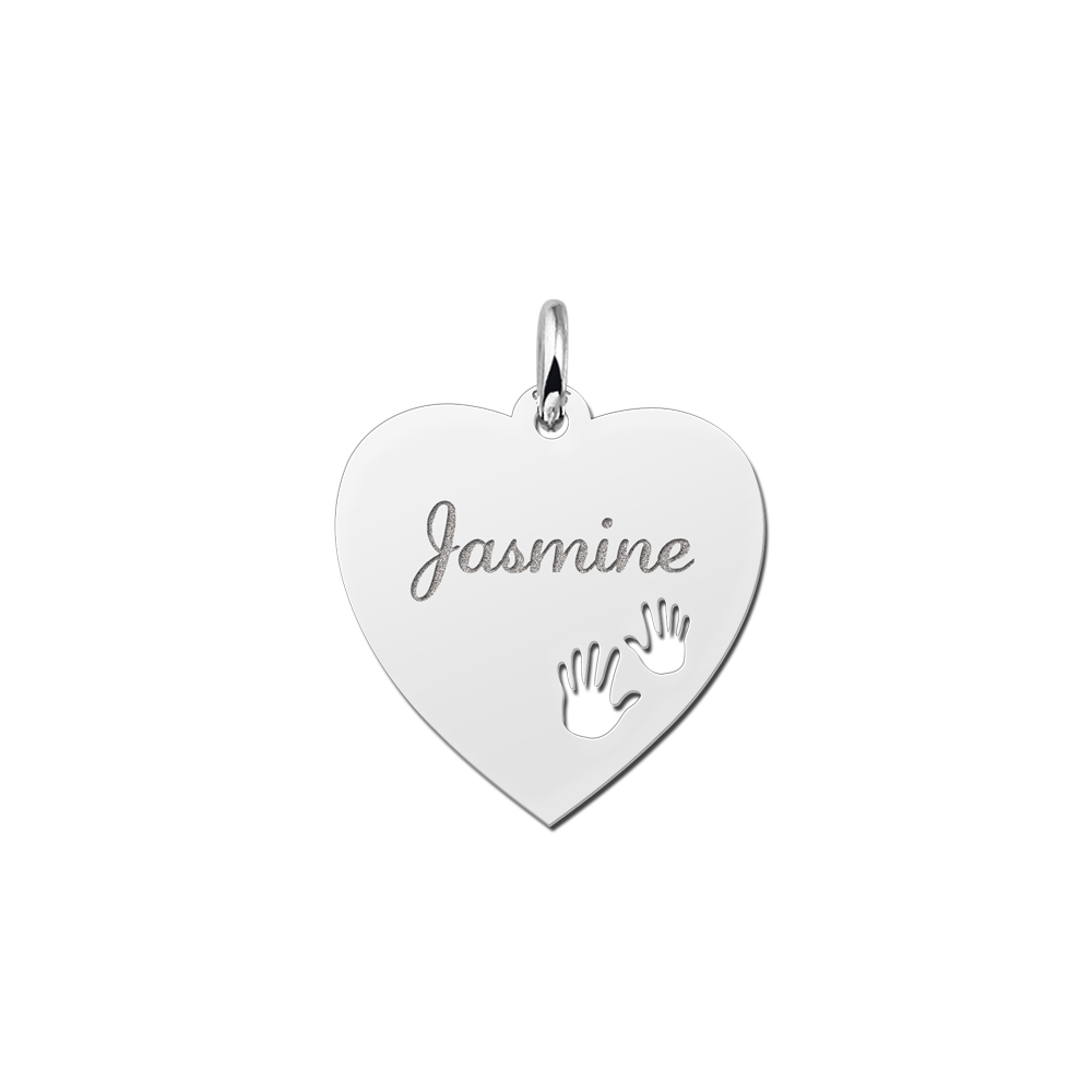 Silver engraved heart nametag hands