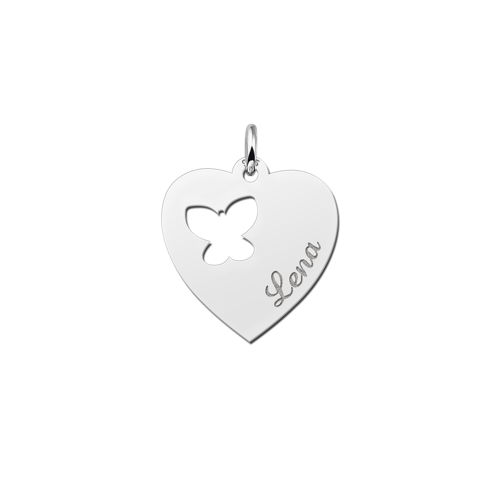 Silver engraved kids heart nametag butterfly
