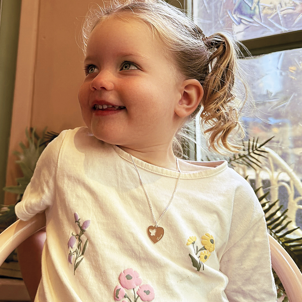 Silver engraved kids heart nametag butterfly