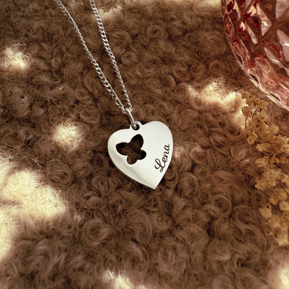 Silver engraved kids heart nametag butterfly