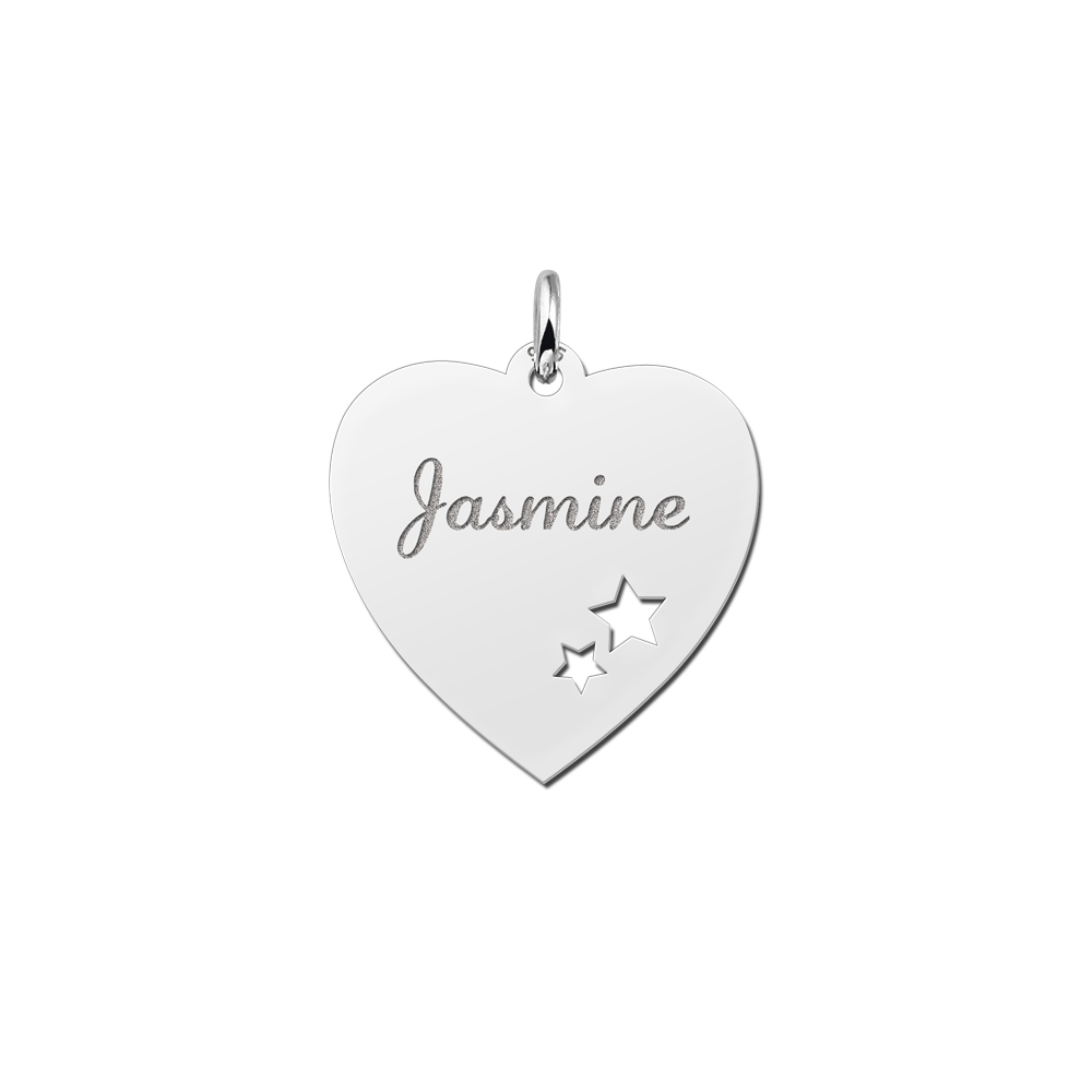 Silver engraved heart nametag stars