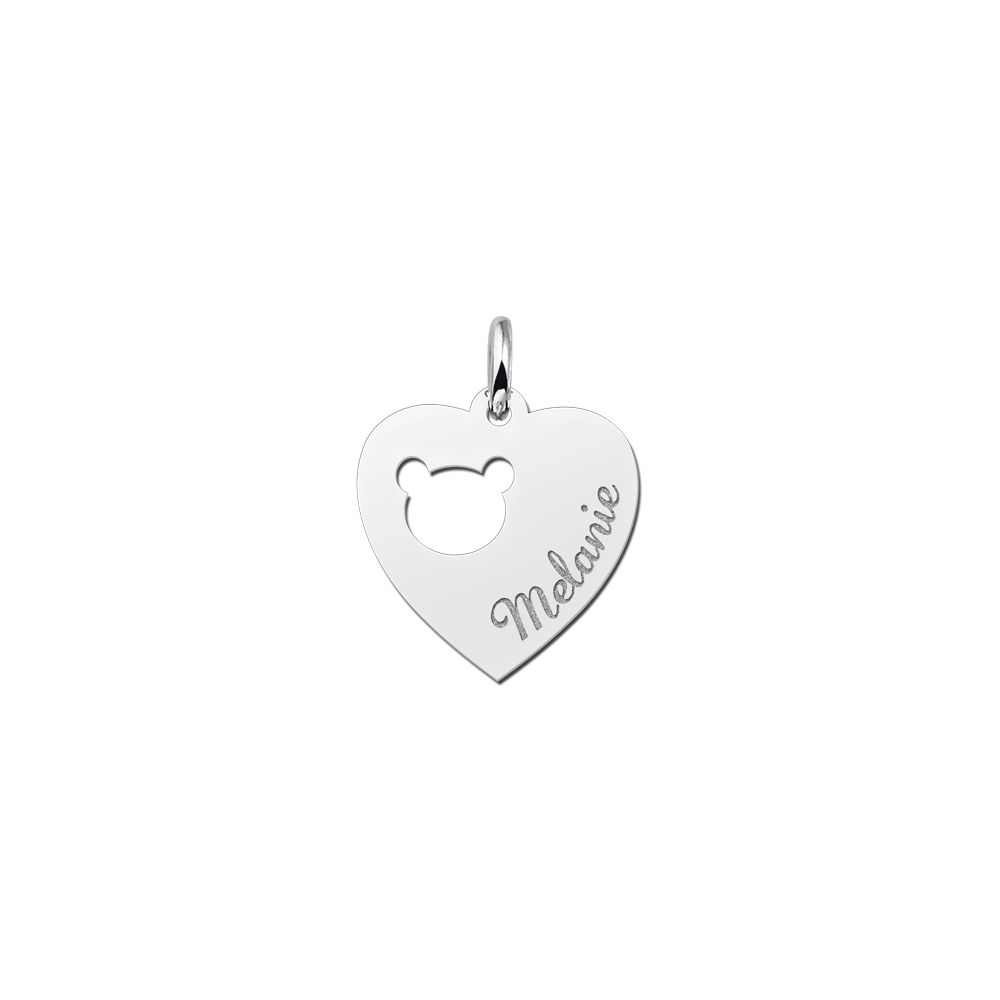 Silver engraved kids heart nametag bearshead