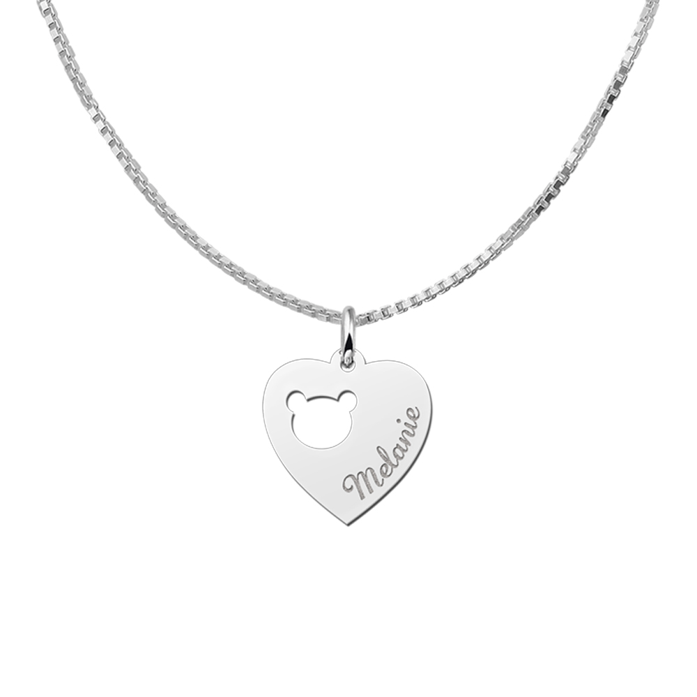 Silver engraved kids heart nametag bearshead
