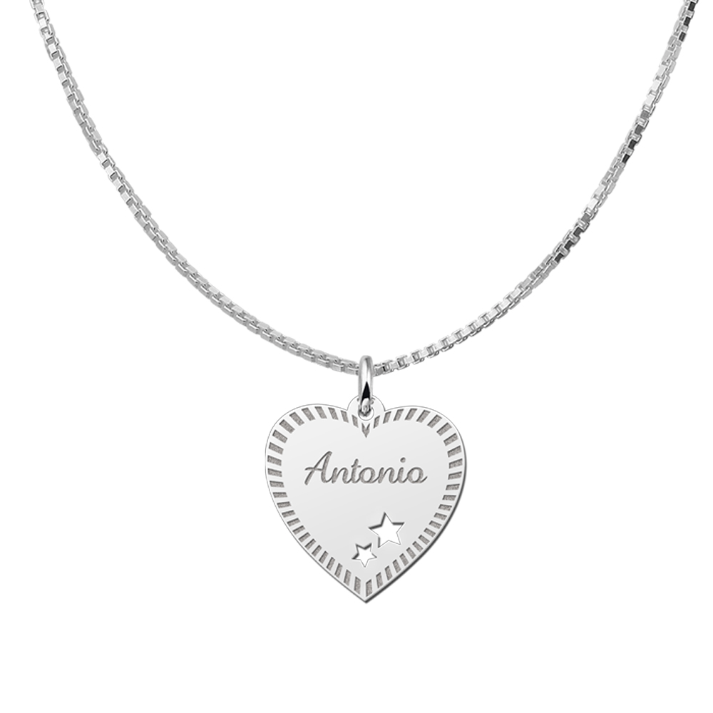 Silver engraved heart nametag  design stars