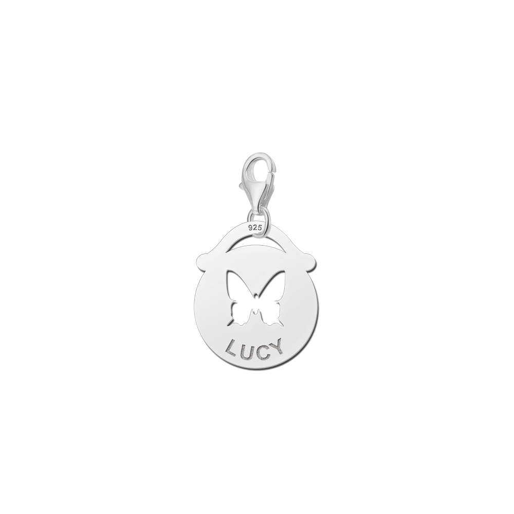 Silver pet namecharm round butterfly