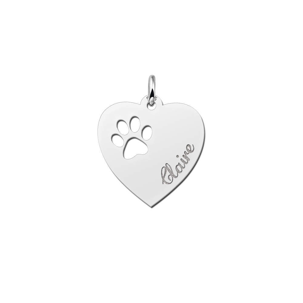 Silver engraved kids heart nametag paw