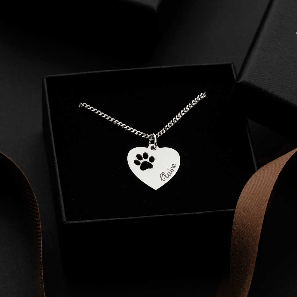 Silver engraved kids heart nametag paw