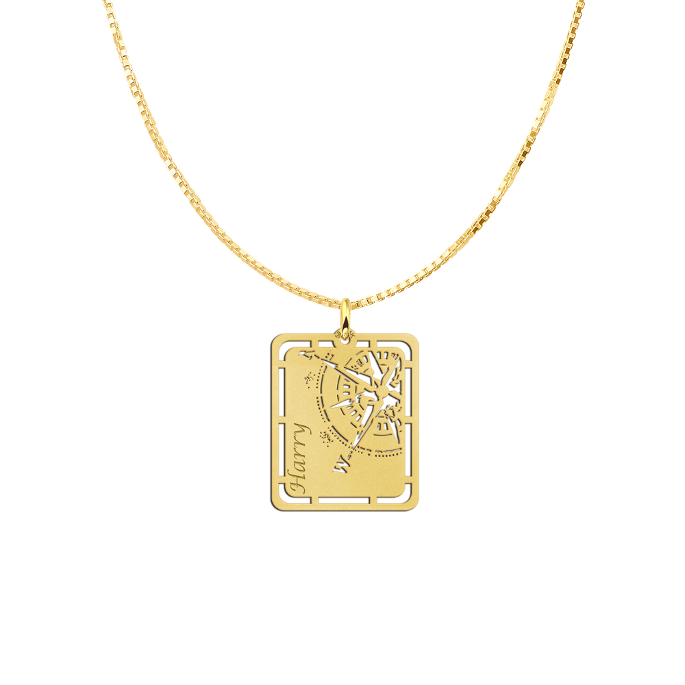 Gold pendant with compass and name engraving