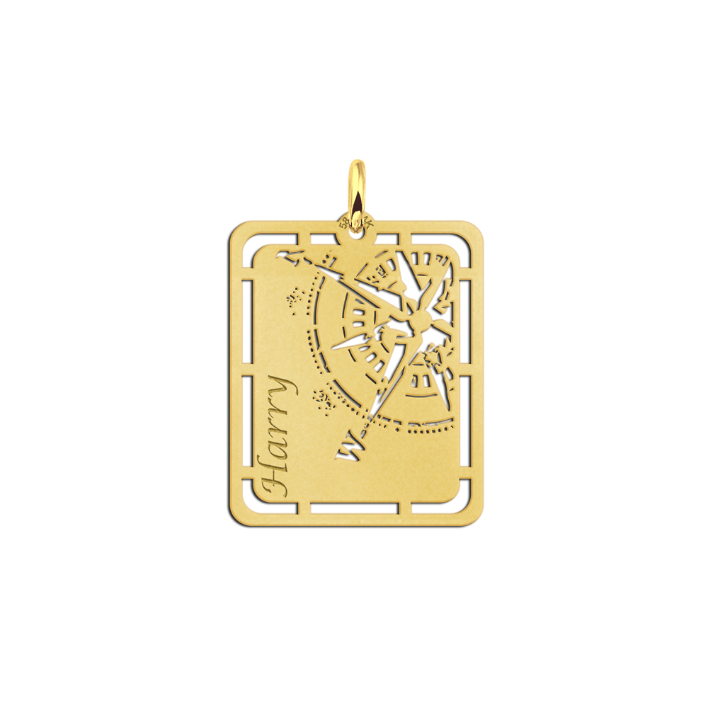 Gold pendant with compass and name engraving