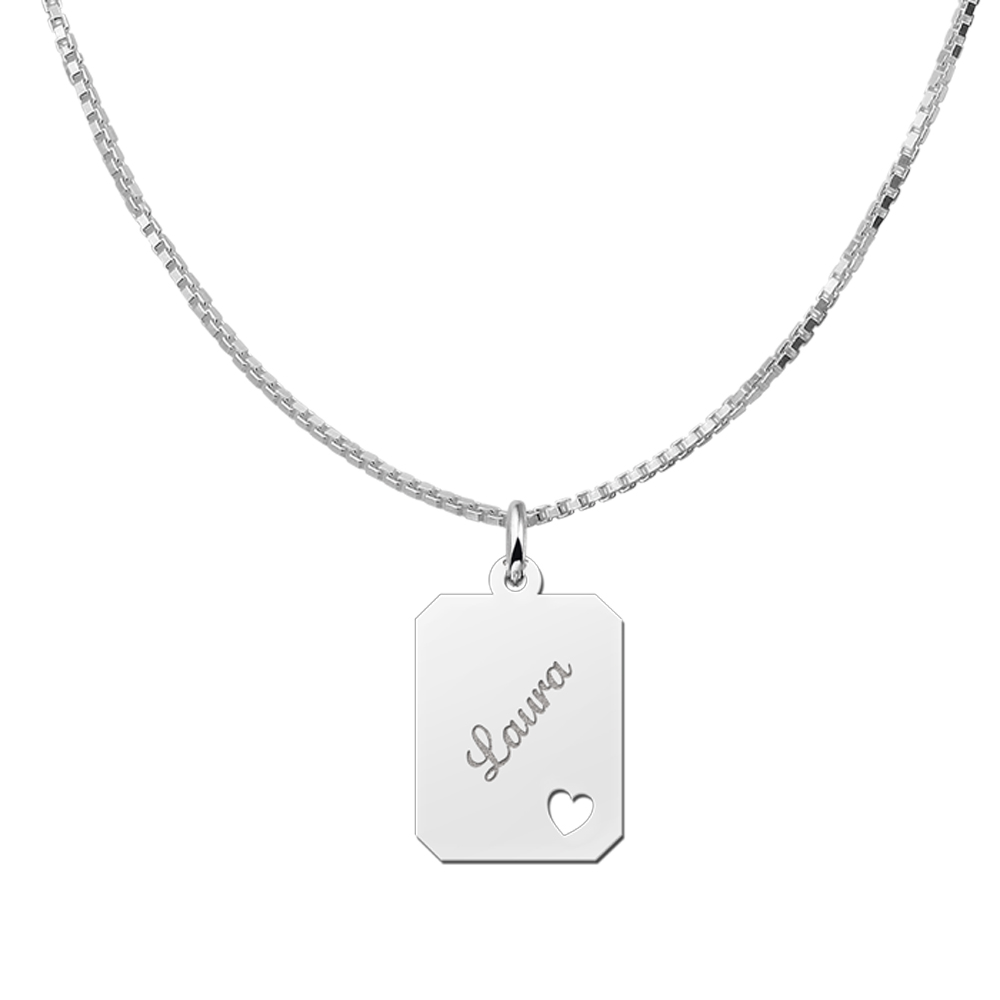 Silver engraved rectangle nametag heart