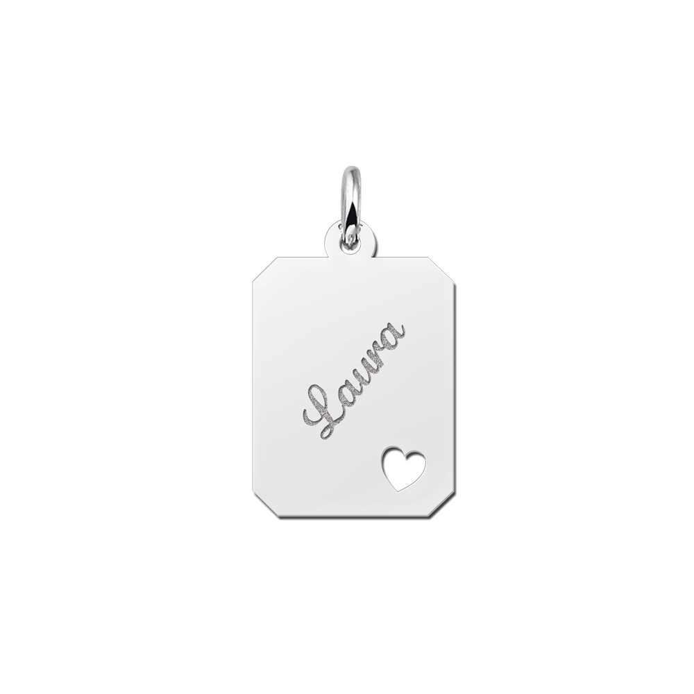 Silver engraved rectangle nametag heart