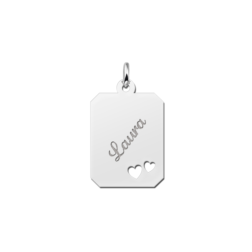 Silver engraved rectangle nametag hearts