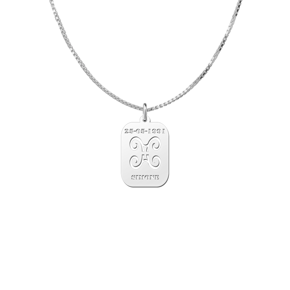 Silver zodiac rectangular namependant Gemini