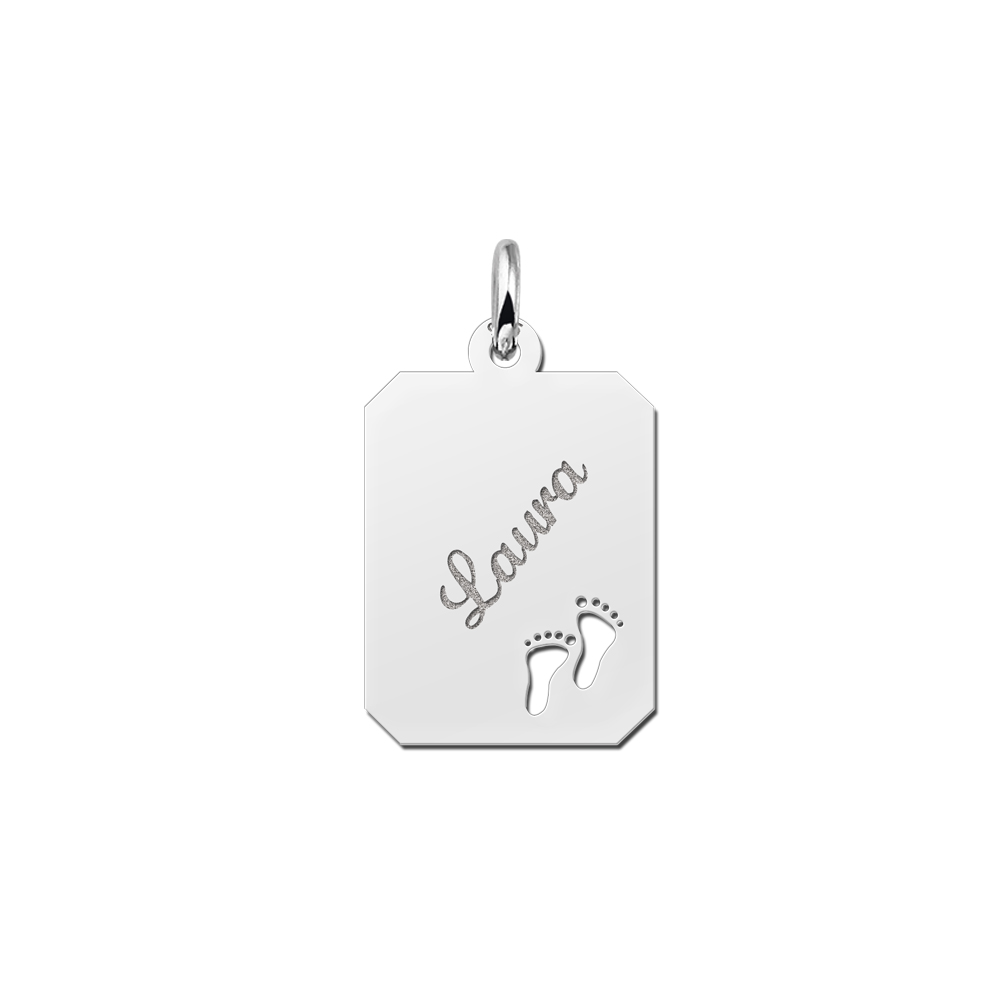 Silver engraved rectangle nametag feet