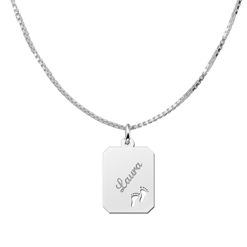 Silver engraved rectangle nametag feet