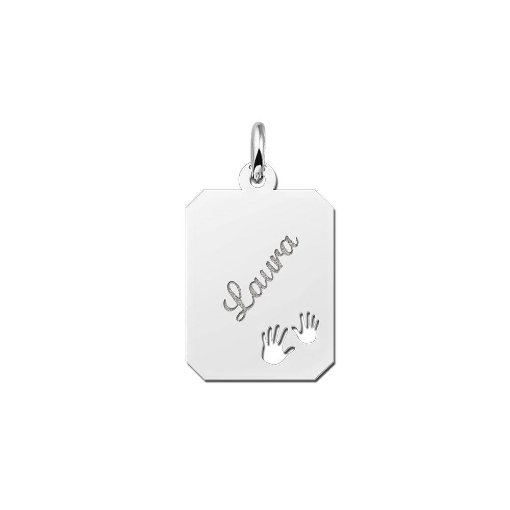 Silver engraved rectangle nametag hands