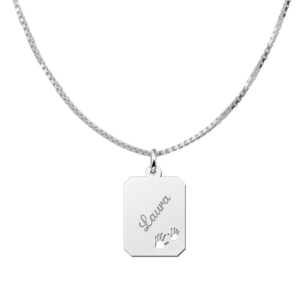 Silver engraved rectangle nametag hands