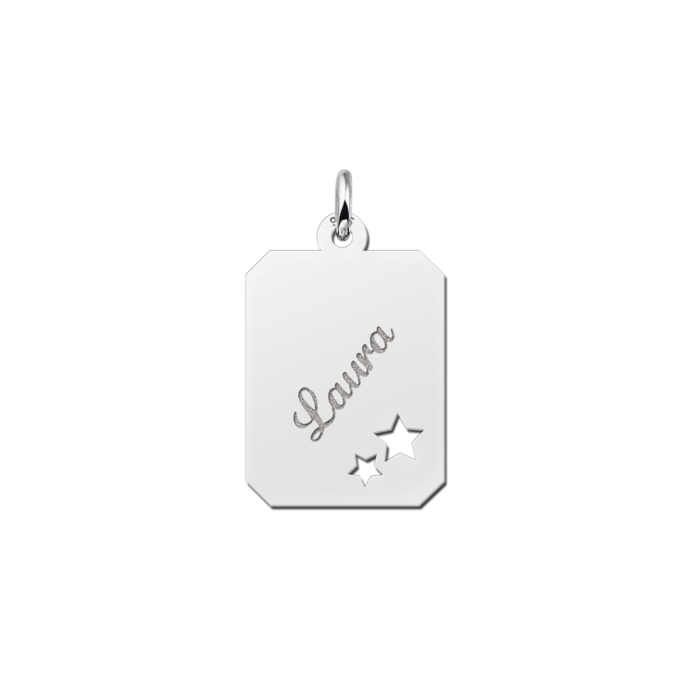 Silver engraved rectangle nametag stars