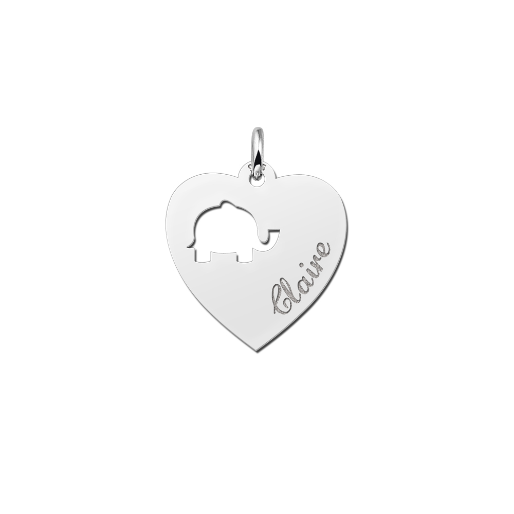Silver engraved kids heart nametag elephant