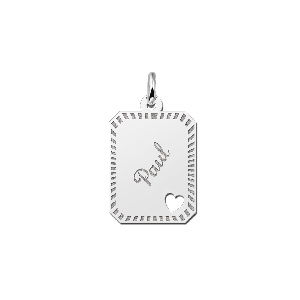 Silver engraved rectangle nametag design heart