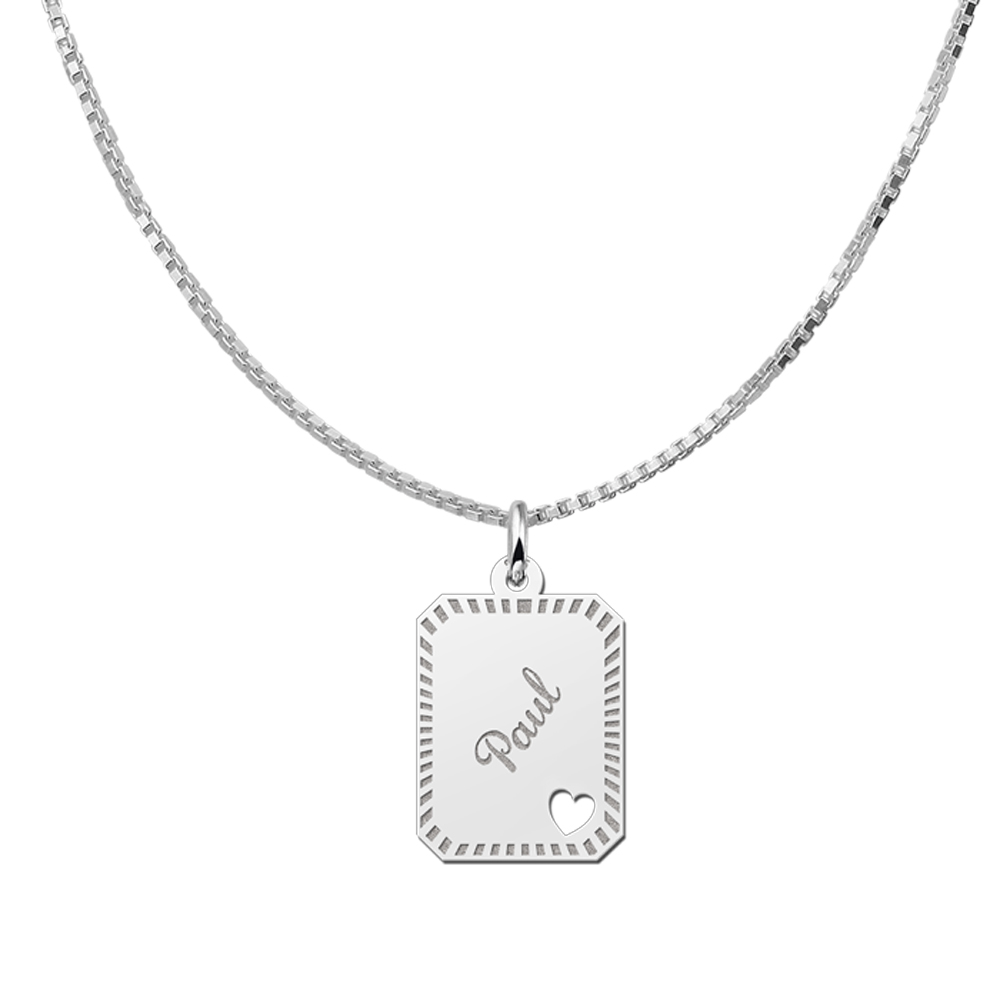 Silver engraved rectangle nametag design heart