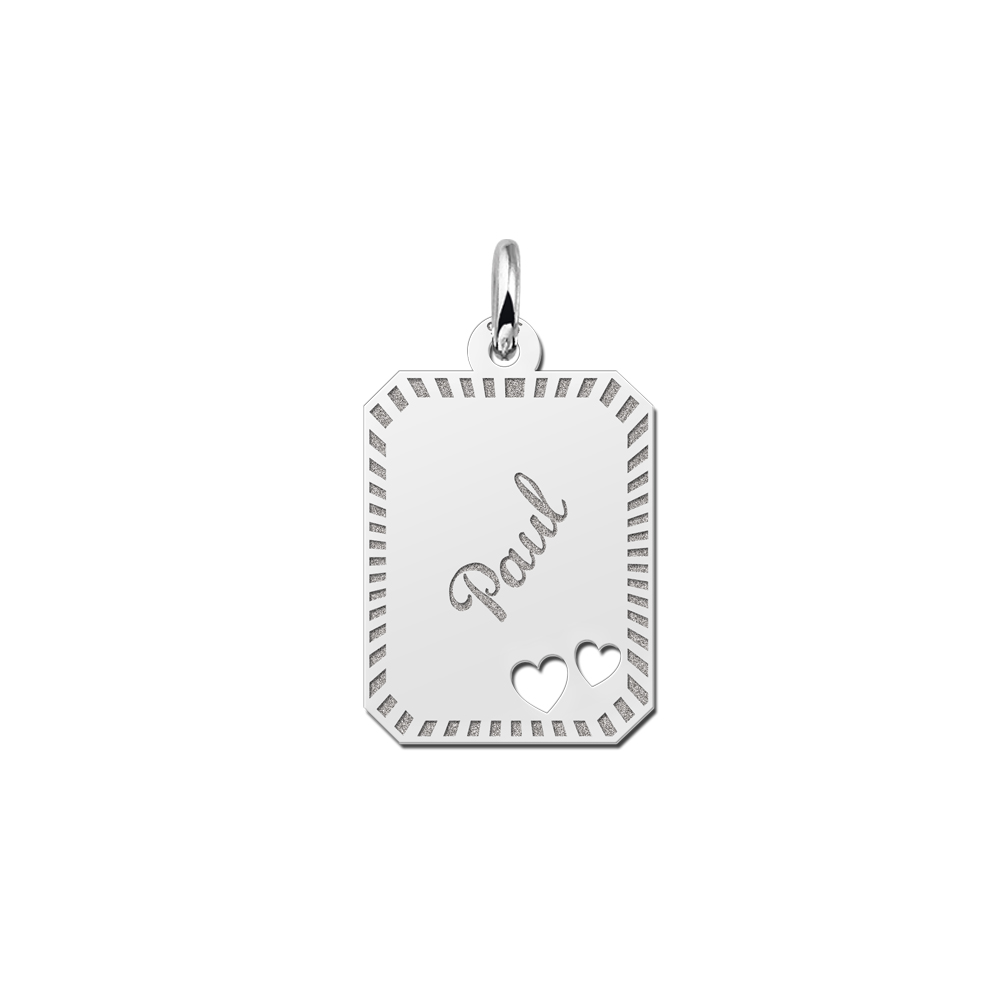Silver engraved rectangle nametag design hearts