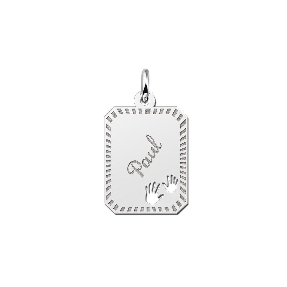 Silver engraved rectangle nametag design hands