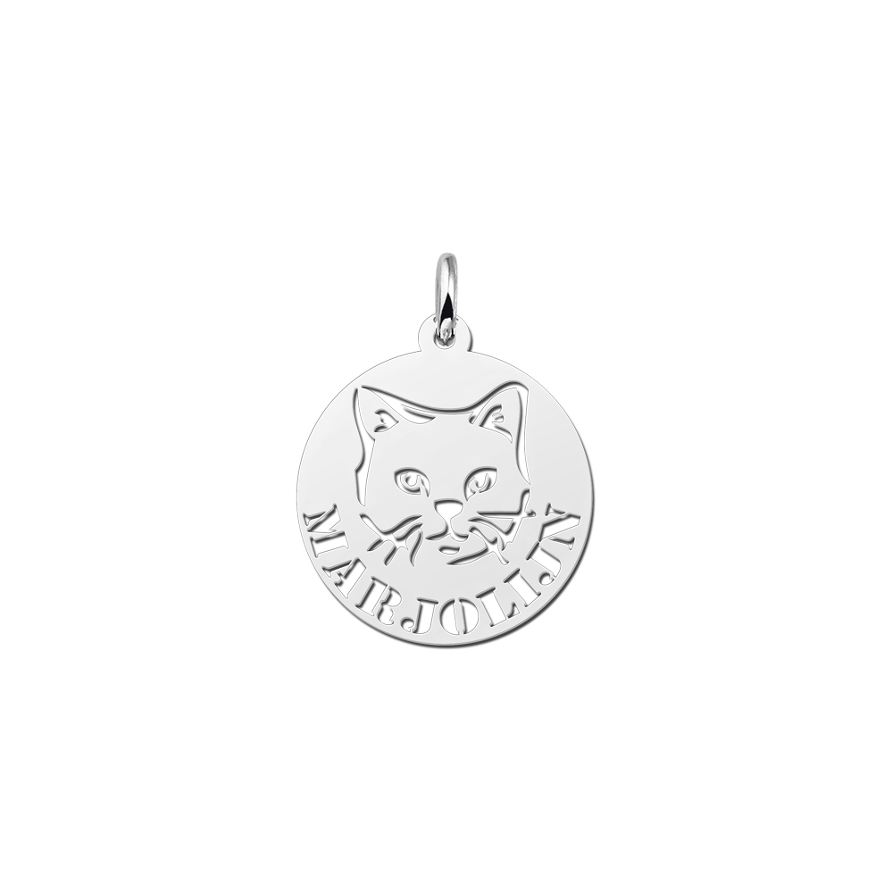 Round Silver Pendant with Cat and Name