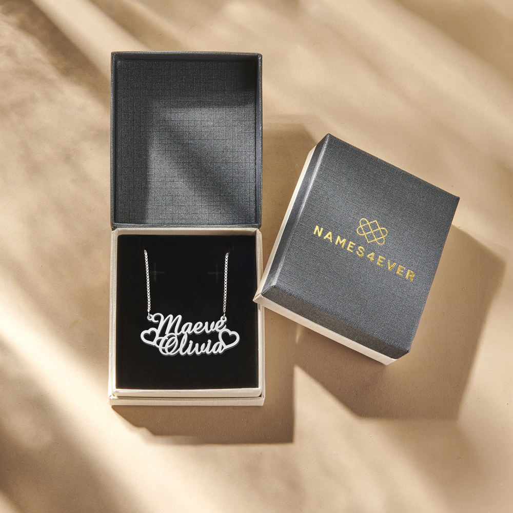 Silver double name necklace Maeve and Olivia with hearts