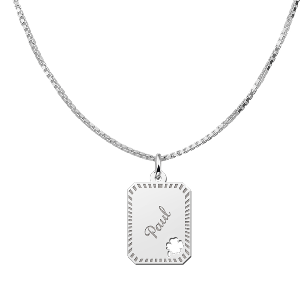 Silver engraved rectangle nametag design 4leafclover
