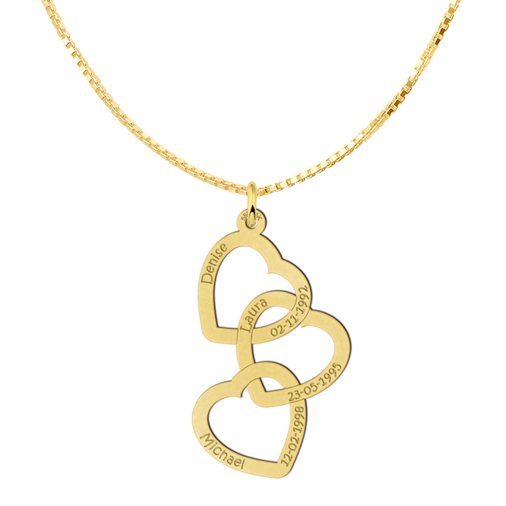 Golden engraved pendant with three hearts