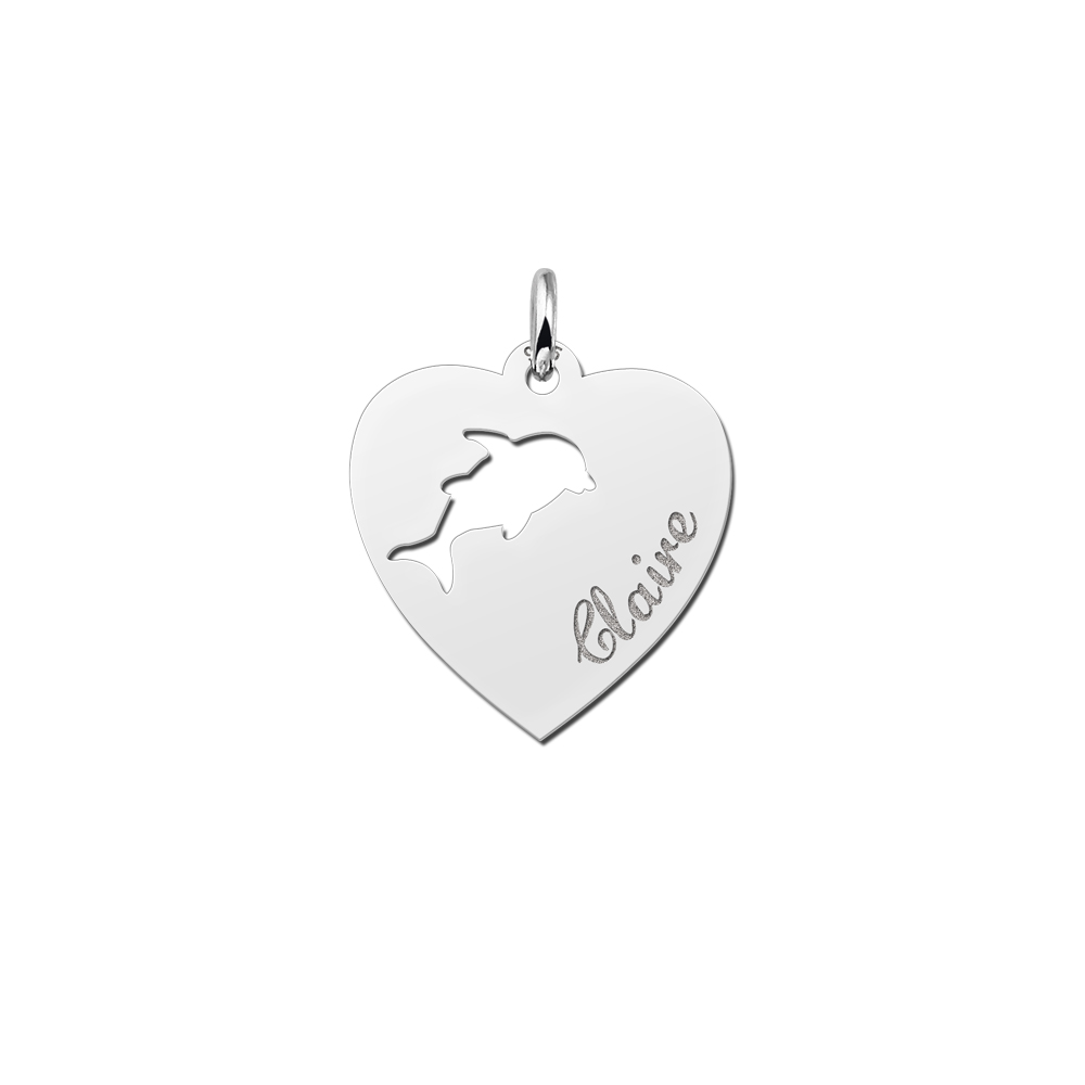Silver engraved kids heart nametag dolphin