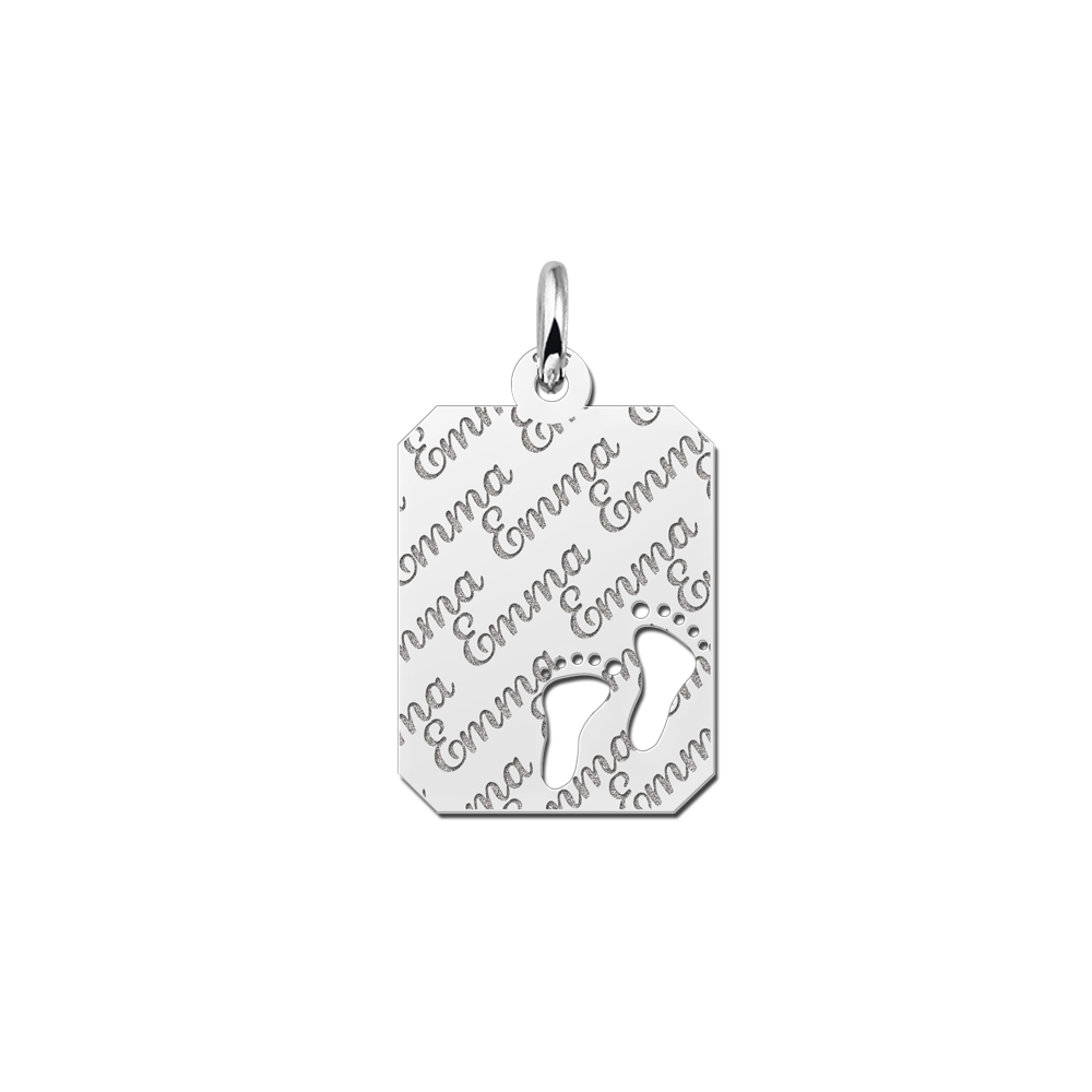 Silver rectangle nametag repeat engraving feet