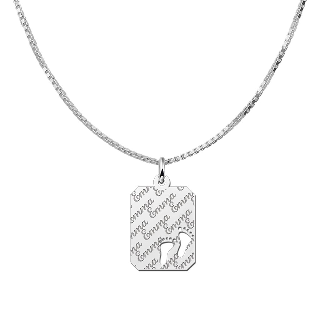 Silver rectangle nametag repeat engraving feet