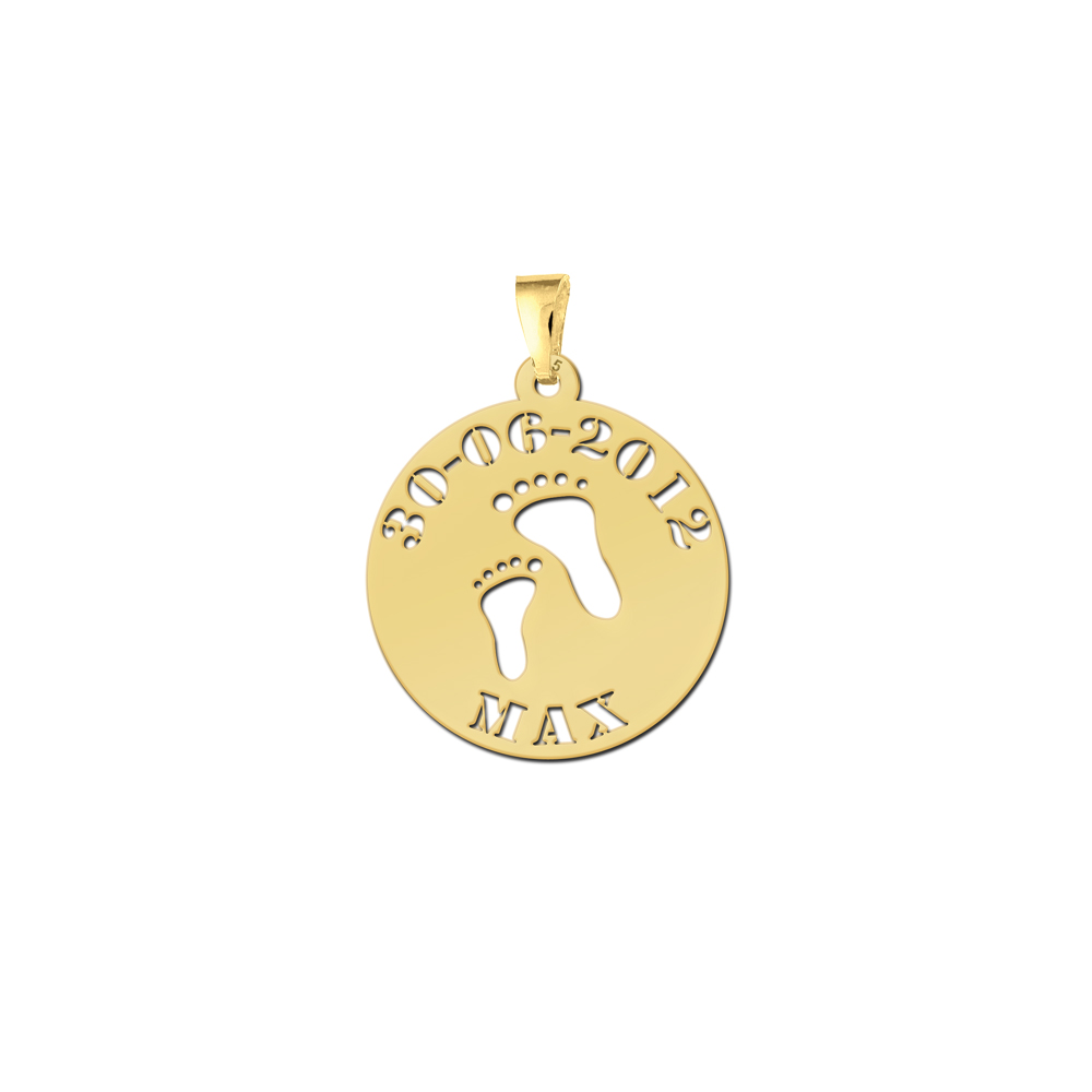 Gold plated baby pendant feet with name and date